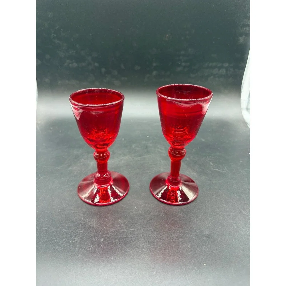 Vintage Ruby Red Glass Cordial Glasses Stemmed Liqueur Set of 2 Red 4.5 Inch